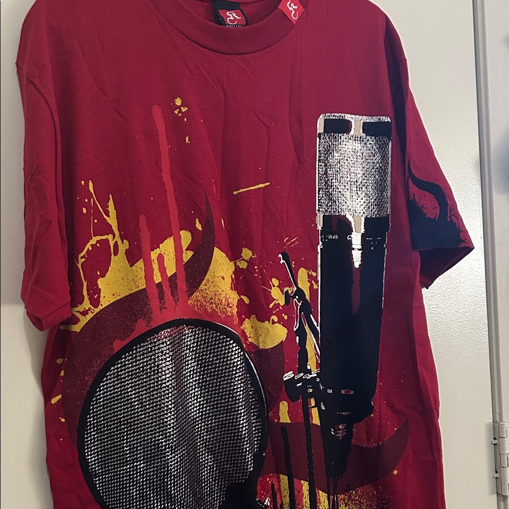 Red Graphic Tee with Microphone Design